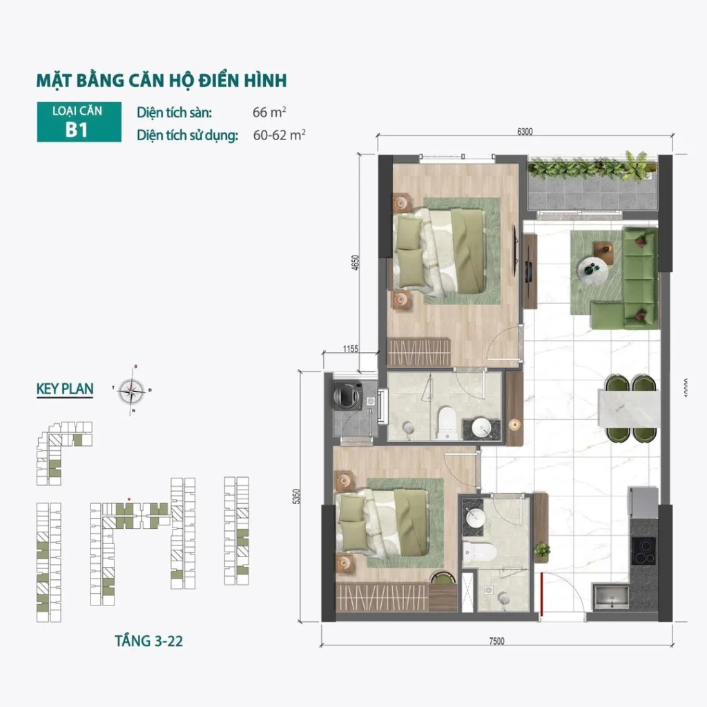 Mặt bằng Căn B1 tại Bcons Central Park