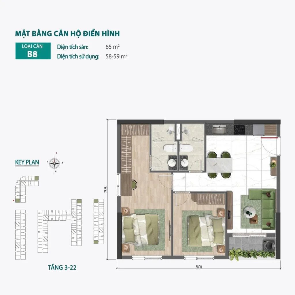 Mặt bằng Căn B8 tại Bcons Central Park