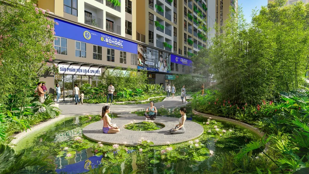 Hồ sen và khu yoga tại Bcons Central Park, Tam Hiệp