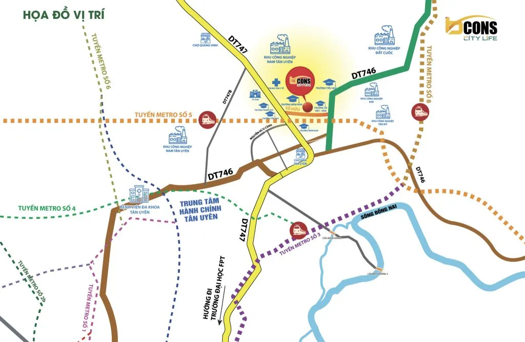 Họa đồ vị trí Bcons City Life trên đường Tố Hữu, phường Tân Uyên