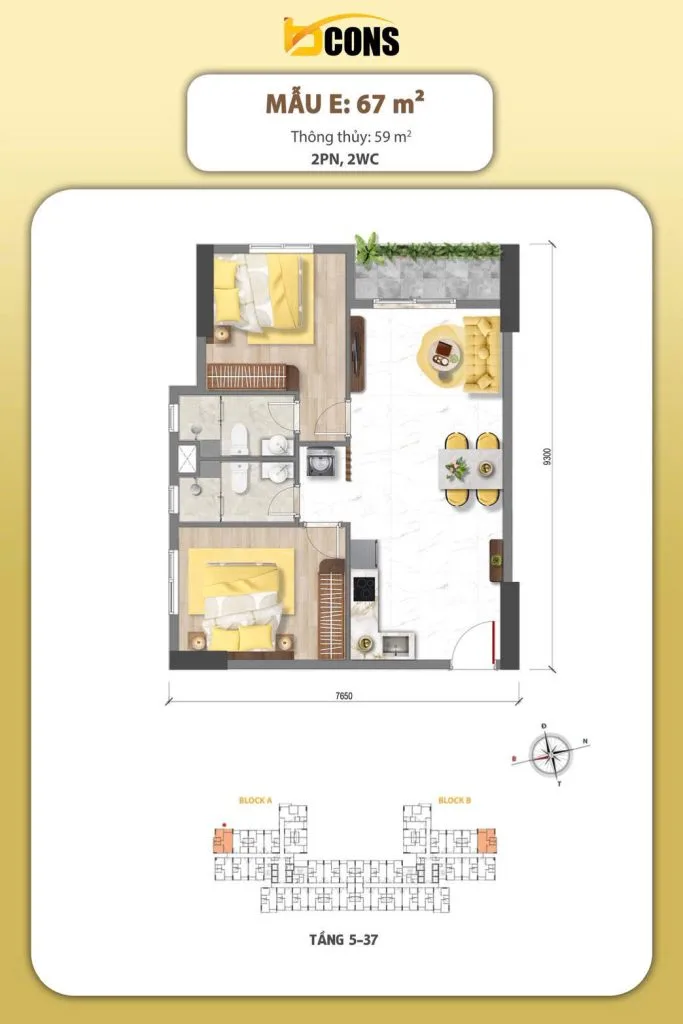 Mặt bằng căn hộ Bcons Aria – Căn 2PN2WC góc 67m²