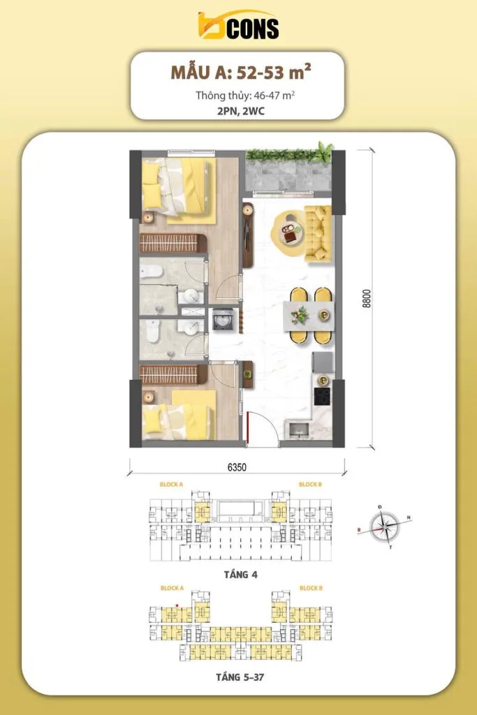 Mặt bằng căn hộ Bcons Aria – Căn 2PN2WC điển hình