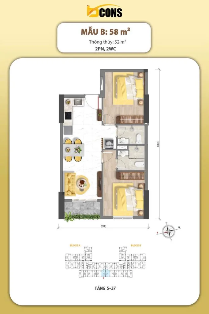 Mặt bằng căn hộ Bcons Aria – Căn 2PN2WC 57m²