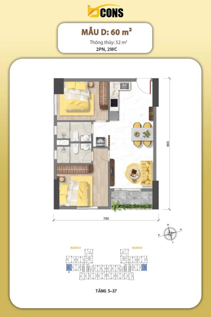 Mặt bằng căn hộ Bcons Aria – Căn 2PN2WC góc 60m²