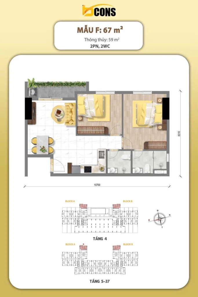 Mặt bằng căn hộ Bcons Aria – Căn 2PN2WC góc 67m²